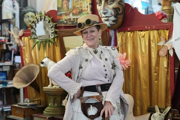  Steampunk NZ Festival chair Lea Campbell, dressed as her steampunk persona Dusty Traveller, poses for a portrait during the annual event in Ōamaru, New Zealand, Friday, May 29, 2026. (AP) 