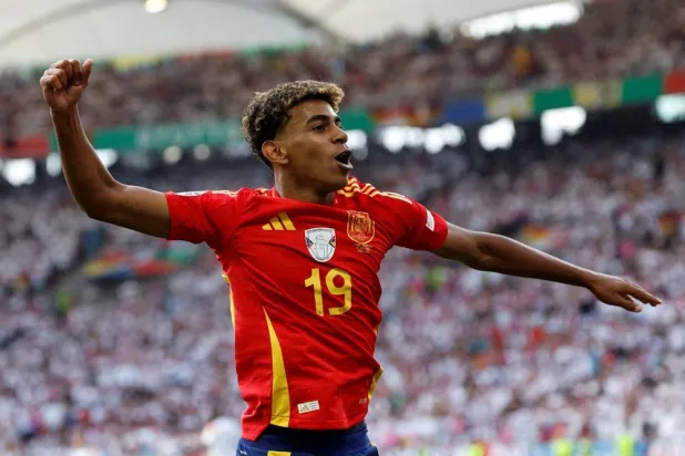 Football - Euro 2024 - Quarter-final - Spain v Germany - Stuttgart Arena, Stuttgart, Germany - July 5, 2024 Spain's Lamine Yamal celebrates after Dani Olmo scores their first goal. (Reuters)