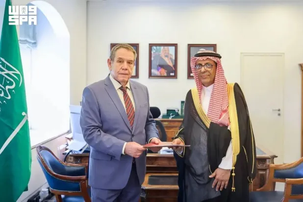 Deputy Minister for International Multilateral Affairs and General Supervisor of the Economic and Development Affairs Deputyship Dr. Abdulrahman Al-Rassi meets with Russian Ambassador to Saudi Arabia Sergey Kozlov at the ministry’s headquarters in Riyadh on Tuesday. (SPA)