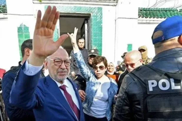 Tunisia's Ennahdha party chief Rached Ghannouchi after leaving court. File photo