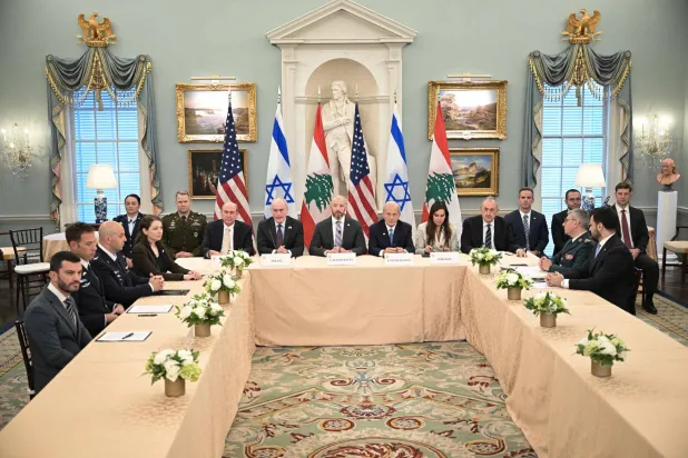 (2L/R) Israel's Ambassador to the US Yechiel Leiter, State Department Chief of Staff Daniel Holler, US Ambassador to Lebanon Michel Issa and Lebanese Ambassador to the US Nada Hamadeh attend a meeting between Israeli and Lebanese delegations hosted by the United States at the State Department in Washington, DC, on June 3, 2026. (Photo by Oliver Contreras / AFP)