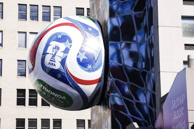 FIFA World Cup signage is displayed at LA Live in downtown Los Angeles, California, USA, 03 June 2026. EPA/CHRIS TORRES