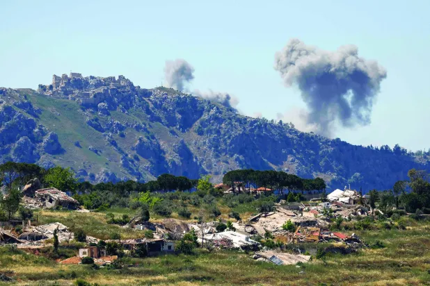 Smoke rises following Israeli bombardment in southern Lebanon close to the Beaufort Castle as seen from a position across the border in the Upper Galilee, in northern Israel on June 4, 2026. (Photo by Jalaa MAREY / AFP)