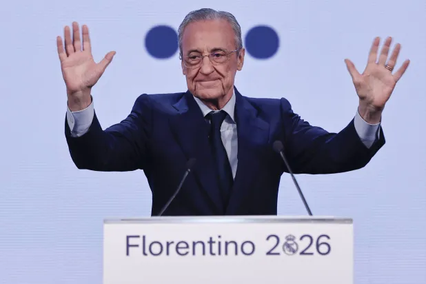 Real Madrid's President Florentino Pérez presents his campaign for the club's elections, under the slogan "A lot of history yet to be made", in Madrid, Spain, 27 May 2026. (EPA)