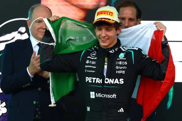  Formula One F1 - Monaco Grand Prix - Circuit de Monaco, Monaco - June 7, 2026 Mercedes' Andrea Kimi Antonelli celebrates on the podium after winning the Monaco Grand Prix. (Reuters)