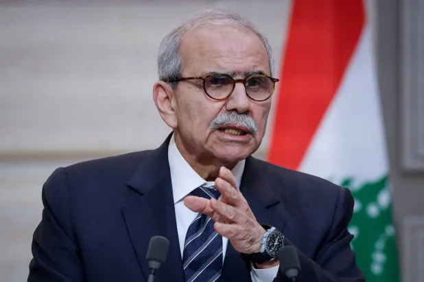 FILE PHOTO: Lebanese Prime Minister Nawaf Salam speaks during a declaration press event held along with French President Emmanuel Macron (not pictured) following their meeting at the Elysee Presidential Palace in Paris, France, April 21, 2026. Ludovic Marin/Pool via REUTERS/File Photo