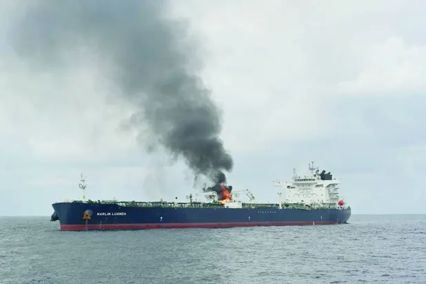 27 January 2024, Yemen, Gulf of Aden: The Marlin Luanda vessel on fire in the Gulf of Aden after it was reportedly struck by an anti-ship missile fired from a Houthi controlled area of Yemen. (Indian Navy via ZUMA Wire/dpa)