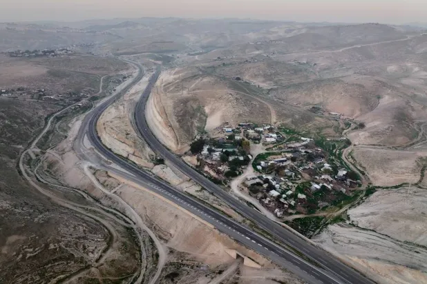 An aerial view shows the Bedouin hamlet of Khan al-Ahmar in the West Bank, Jan. 24, 2023. (AP)