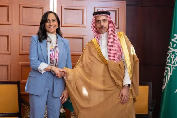 الأمير فيصل بن فرحان خلال لقائه الوزيرة أنيتا أناند في المنامة الأربعاء (واس)