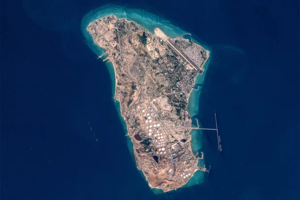 This handout image taken by the European Space Agency (ESA) captured by the Copernicus Sentinel-2 satellite shows a view of Iran's Kharg Island. (Photo by EUROPEAN SPACE AGENCY / AFP)
