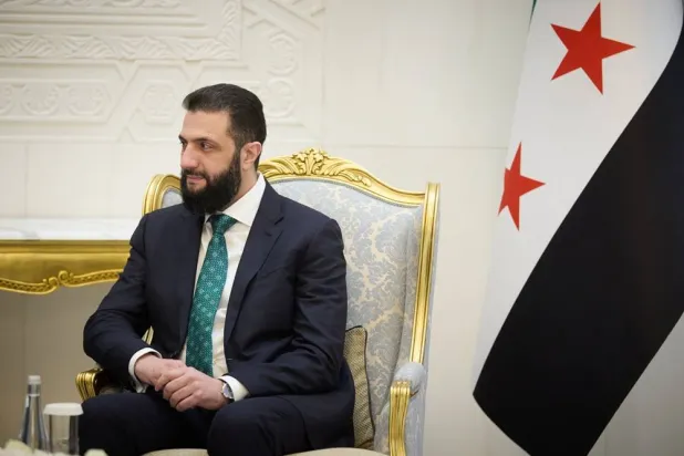  05 April 2026, Syria, Damascus: Syrian President Ahmad al-Sharaa attends a meeting with Ukrainian President Volodymyr Zelensky. (Ukrainian Presidency/dpa)