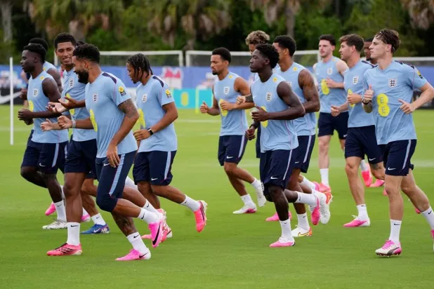 Football - FIFA World Cup 2026 - England Training - Gardens North County District Park, Palm Beach Gardens, Florida, US - June 9, 2026 England's Jude Bellingham, Reece James and Kobbie Mainoo during training. (Reuters) 