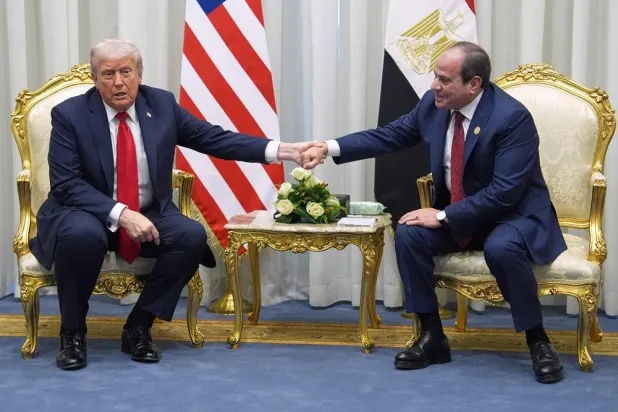 US President Donald Trump holds a meeting with Egypt's President Abdel Fattah al-Sisi during a summit on Gaza in Sharm el-Sheikh on October 13, 2025. (AFP) 
