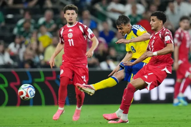 Sweden's Yasin Ayari (18) scores his team's fifth goal during the World Cup Group F soccer match between Sweden and Tunisia in Guadalupe, near Monterrey, Mexico, Sunday, June 14, 2026. (AP) 