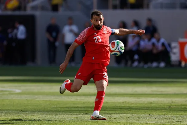 Ehsan Haddad of Jordan shoots during the international friendly match between Jordan and Colombia at Snapdragon Stadium on June 07, 2026, in San Diego, California. (Getty Images/AFP) 