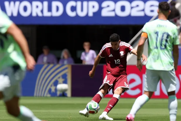 Karim Boudiaf of Qatar takes a shot on goal during the FIFA World Cup 2026 group stage match Qatar against Switzerland, in San Francisco, USA, 13 June 2026. (EPA) 