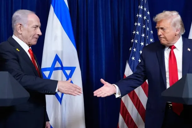 President Donald Trump shakes hands with Israel's Prime Minister Benjamin Netanyahu at the end of a news conference at Mar-a-Lago, Dec. 29, 2025, in Palm Beach, Fla. (AP) 