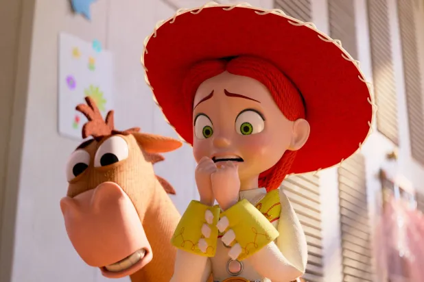 This image released by Disney shows characters Bullseye, left, and Jessie, voiced by Joan Cusack, in a scene from Disney and Pixar's "Toy Story 5." (Disney/Pixar via AP)