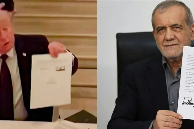 ترمب وبزشكيان يظهران في لقطتين منفصلتين خلال توقيع مذكرة تفاهم لإنهاء الحرب في الشرق الأوسط (أ.ف.ب)