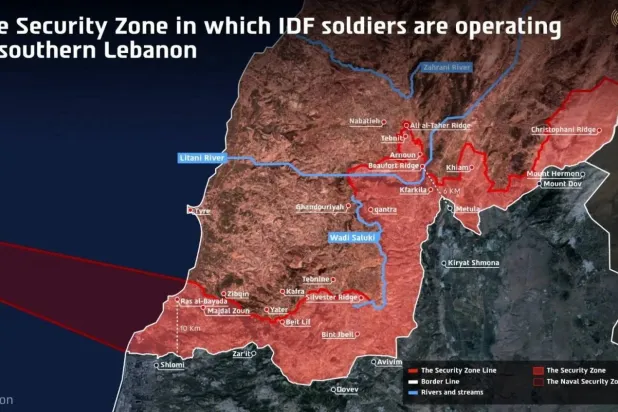 A map released by the Israeli army showing what it calls a “security zone” in south Lebanon. (Reuters)