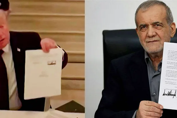  صورة مركَّبة أُعدّت أمس للرئيسين الإيراني والأميركي لدى توقيعهما بشكل منفصل اتفاق وقف الحرب (أ.ف.ب)