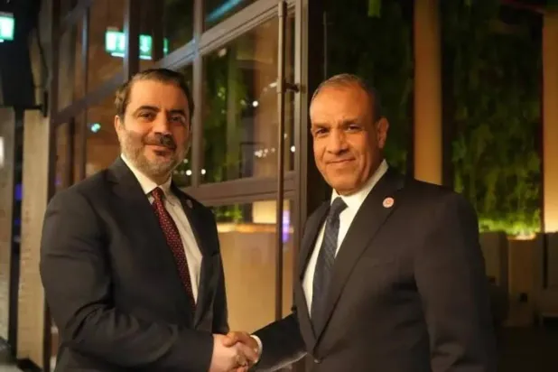 Egyptian Foreign Minister Badr Abdelatty and Syrian Foreign Minister Asaad al-Shaibani meet in Jordan on Monday evening. (Egyptian Foreign Ministry) 