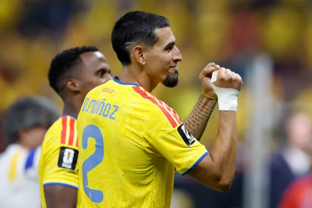 Colombia's defender #02 Daniel Munoz celebrates after winning the 2026 World Cup Group K football match between Colombia and Democratic Republic of Congo at the Guadalajara Stadium in Zapopan on June 23, 2026.  (Photo by Ulises RUIZ / AFP)