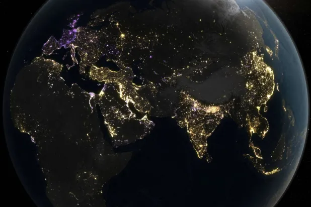 FILE PHOTO: A nighttime view of Earth, derived from satellite images taken daily over the past decade, capturing human activity on the planet through the emissions of artificial light, is seen in this image released on April 8, 2026. Michala Garrison/NASA Earth Observatory/Handout via REUTERS 