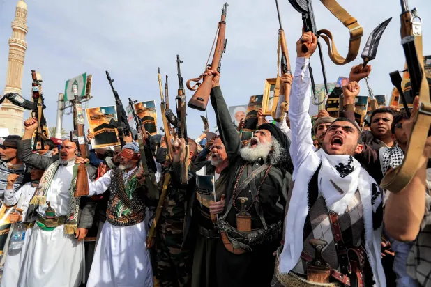 Supporters of the Iranian-backed Houthi movement gather at a mass rally, denouncing what they perceive to be derogatory comments by the US president  Donald Trump, held in capital Sanaa on June 16, 2026. (Photo by Mohammed HUWAIS / AFP)