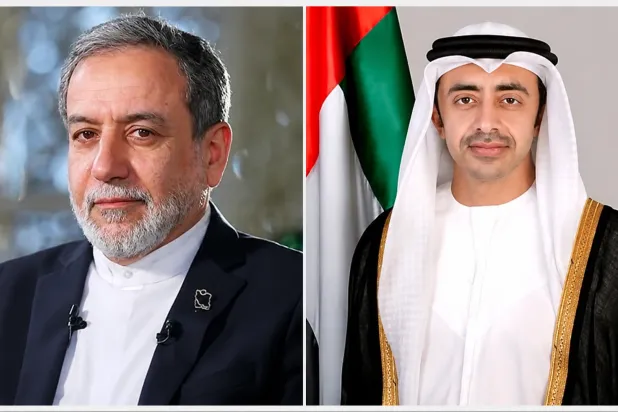 Sheikh Abdullah bin Zayed Al Nahyan, UAE Deputy Prime Minister and Minister of Foreign Affairs, and Iranian Foreign Minister Abbas Araghchi. (WAM)
