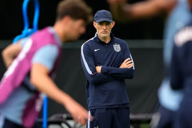  England head coach Thomas Tuchel watches training for the FIFA World Cup football tournament Friday, June 26, 2026, in Kansas City, Mo. (AP) 