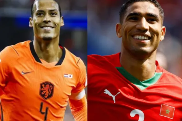 لاعب المنتخب المغربي أشرف حكيمي (يمين) ولاعب هولندا فيرجيل فان دايك (يسار) 