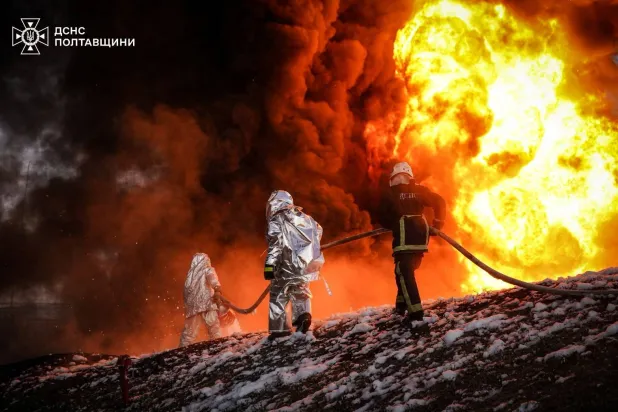  Firefighters work at a site of a Russian missile and drone strike, amid Russia's attack on Ukraine, in Poltava region, Ukraine, in this handout picture released June 27, 2026. (Press service of the State Emergency Service of Ukraine in Poltava region/Handout via Reuters)