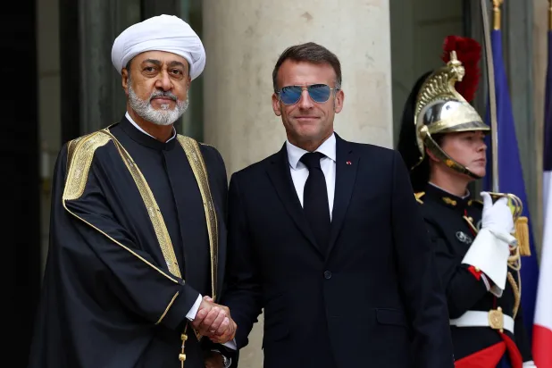 France's President Emmanuel Macron shakes hands with Oman's Sultan Haitham bin Tarik ahead of a meeting at the Elysee Palace in Paris, France, June 29, 2026. (Reuters) 