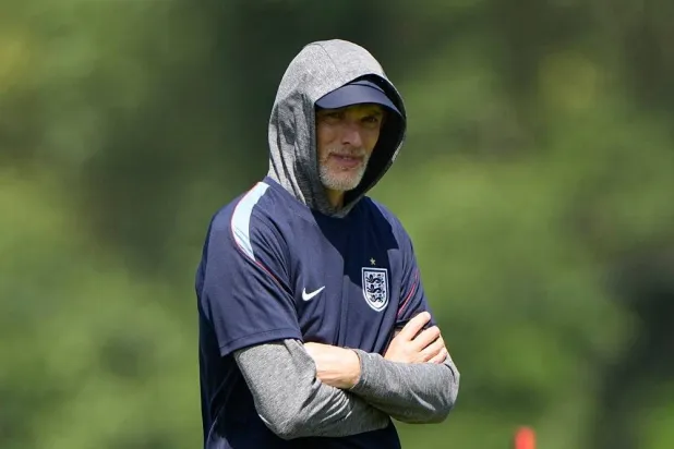  England head coach Thomas Tuchel watches training for the World Cup football tournament Tuesday, June 30, 2026, in Kansas City, Mo. (AP) 
