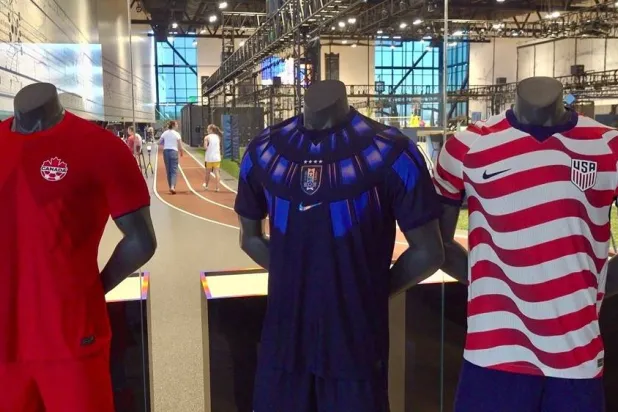 World Cup uniform kits designed by Nike are displayed at its headquarters in Beaverton, Ore., on June 22, 2026. (AP) 