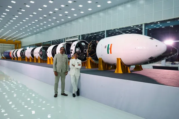 FILE PHOTO: Naga Bharath Daka and Pawan Kumar Chandana, founders of Skyroot Aerospace, pose in front of Vikram-I, India's first private commercial rocket, at the campus of Skyroot Aerospace during the inauguration ceremony of Infinity Campus, India's largest private rocket factory, in Hyderabad, India, November 27, 2025. REUTERS/Priyanshu Singh/File Photo