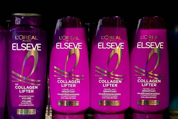  Bottles of L'Oreal Paris Elseve Collagen Lifter shampoo and conditioner in a supermarket in Brussels, Belgium, July 3, 2026. (Reuters)