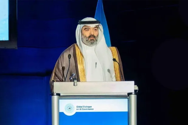 المهندس عبد الله السواحه وزير الاتصالات السعودي خلال كلمته في الحوار العالمي للأمم المتحدة (واس)