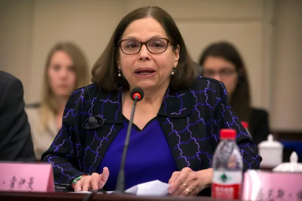 Judith Heumann, special advisor for International Disability Rights at the US Department of State, speaks at the opening session of the China-US Coordination Meeting on Disability in Beijing, April 12, 2016. (AP) 