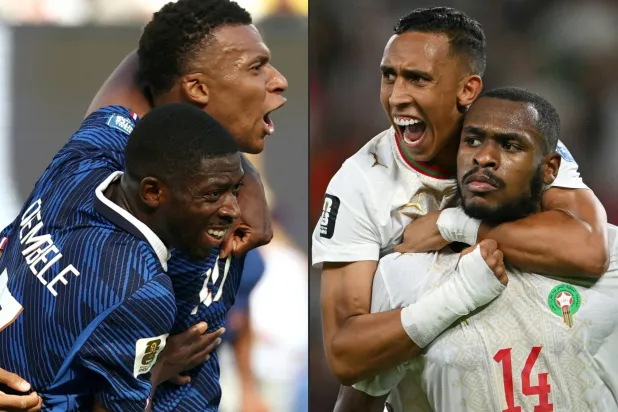 صورة لديوب ورحيمي من المنتخب المغربي ومبابي وديمبيليه من المنتخب الفرنسي  (أ ف ب)
