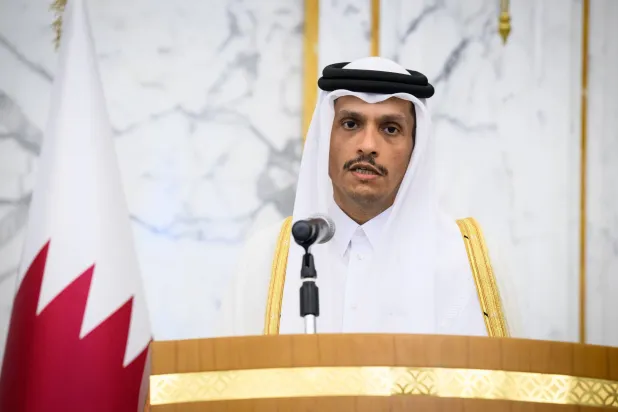17 May 2023, Qatar, Doha: Qatari Prime Minister Sheikh Mohammed bin Abdulrahman al-Thani makes remarks at a press conference at the Emir's palace in Doha. (dpa) 