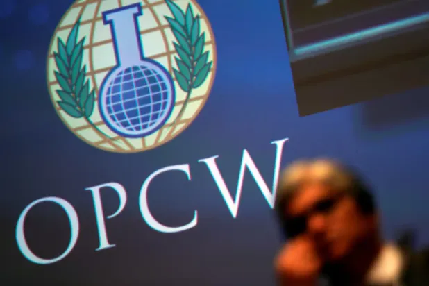 The logo of the Organization for the Prohibition of Chemical Weapons (OPCW) is seen during a special session in the Hague, Netherlands June 26, 2018. REUTERS/Yves Herman/File Photo