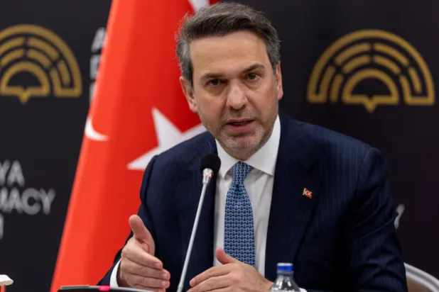Türkiye's Energy Minister Alparslan Bayraktar speaks as he meets with reporters at Antalya Diplomacy Forum in Antalya, Türkiye, April 18, 2026. REUTERS/Umit Bektas 