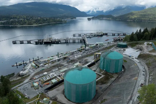 FILE PHOTO: A drone view of three berths able to load vessels with oil is seen after their construction at Westridge Marine Terminal, the terminus of the Canadian government-owned Trans Mountain pipeline expansion project in Burnaby, British Columbia, Canada, April 26, 2024. REUTERS/Chris Helgren/File Photo
