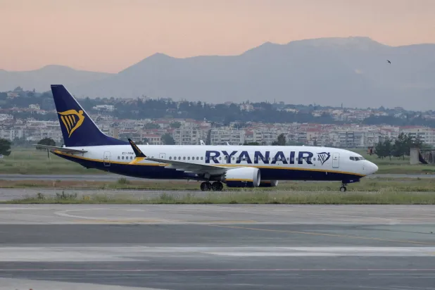 FILE PHOTO: A Ryanair plane on the tarmac of Makedonia airport in Thessaloniki, Greece, May 7, 2026. REUTERS/Alexandros Avramidis/File Photo