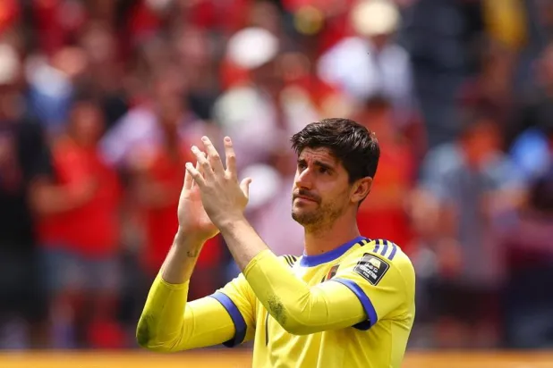 Football - FIFA World Cup 2026 – Quarter-final - Spain v Belgium - Los Angeles Stadium, Inglewood, California, US - July 10, 2026 Belgium's Thibaut Courtois looks dejected as he applauds fans after the match following their elimination from the World Cup. (Reuters) 
