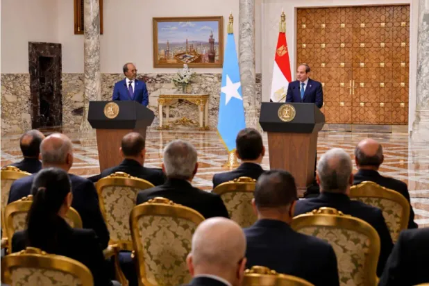 Mısır Cumhurbaşkanı Abdulfettah es-Sisi ile Somalili mevkidaşı Hasan Şeyh Mahmud arasında geçtiğimiz şubat ayında Kahire'de düzenlenen ortak basın toplantısından bir kare (Mısır Cumhurbaşkanlığı)
