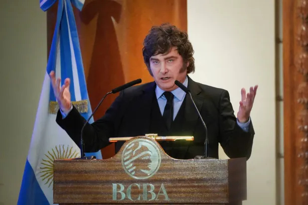 Argentine President Javier Milei gestures as he speaks during a ceremony commemorating the 172nd anniversary of the Buenos Aires Stock Exchange in Buenos Aires, Argentina, July 16, 2026. REUTERS/Mariana Nedelcu