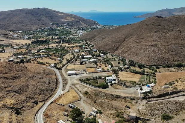 A drone view of one of the two fertile regions on the island, the dried-up village of Livadi on the island of Astypalaia, Greece, July 13, 2026. (Reuters)